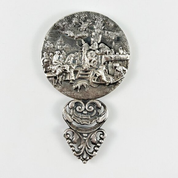 Vintage Denmark HANS JENSEN Silver Plated Hand Purse Mirror Village Tavern Scene - Picture 1 of 6